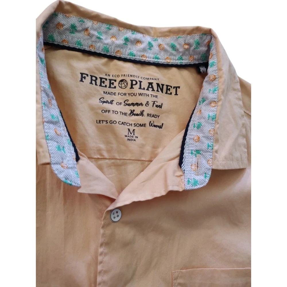 Free Planet Peach Shirt Woven Button Front Short Sleeves Cotton Mens Size Medium